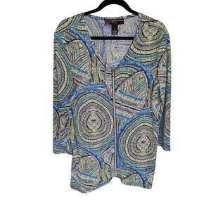 Peck & Peck 3/4 Sleeve Blouse Printed Blue and Green Women's Medium